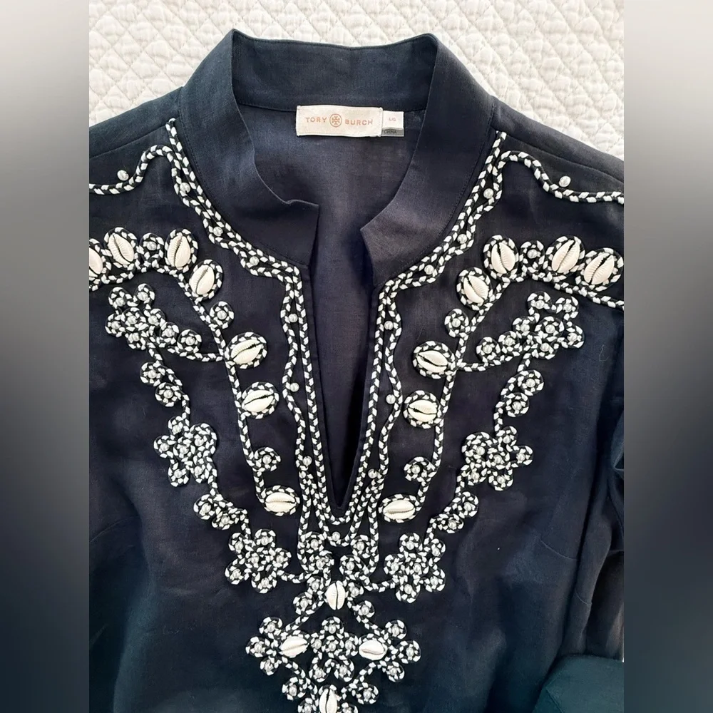 Tory Burch Embellished Silk Tunic Navy Caftan Top Size L